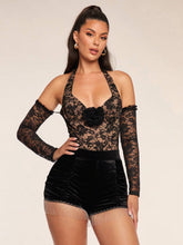 Women's 3D Floral Decor Cold Shoulder Long Sleeve Backless Bodysuit